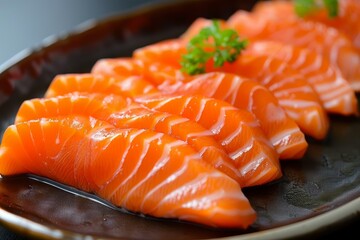 Sticker - Closeup of sliced salmon sashimi garnished with parsley on a dark plate