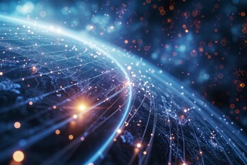Poster - A globe with interconnected lines symbolizing global connectivity, Futuristic computer network connects global communication waves, AI generated