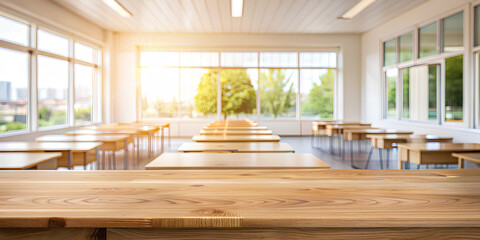 Empty wooden table in classroom, Beautiful blurred background of bright classroom. Blurred Empty school