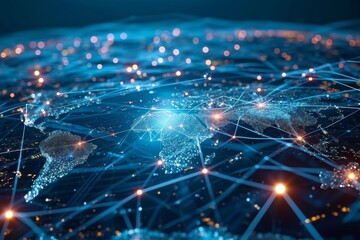 Poster - A globe with interconnected lines symbolizing global connectivity, Futuristic computer network connects global communication waves, AI generated