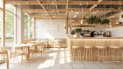 Wall Mural - Scandinavian coffee shop interior design styles: Minimalist design with clean lines, light colors, natural materials, and plenty of natural light, creating a cozy and inviting atmosphere.
