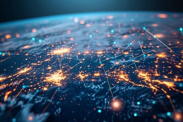 Poster - A globe with interconnected lines symbolizing global connectivity, Futuristic computer network connects global communication waves, AI generated