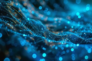 Poster - futuristic backdrop of blue abstract molecular motion, blue light and bubbles, generated by ai
