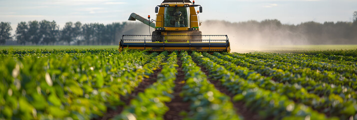 Sticker - Large yellow combine harvester working on green beet field