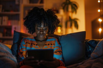 Wall Mural - Streaming: African American Woman Browsing Movies on Computer Tablet