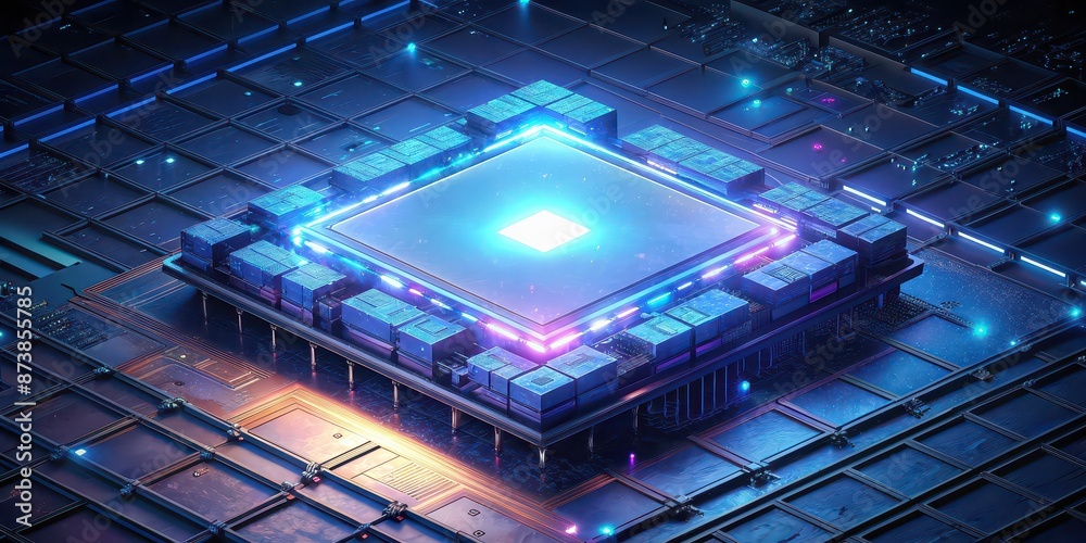 Light Processor Ilustración de Stock Futuristic of a photonic light processor chip ...