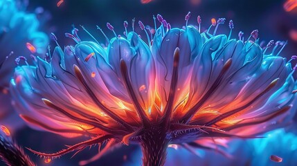 Poster -   Close-up shot of a purple blossom featuring blue and red petals A butterfly can be seen flying against the backdrop of the blue sky