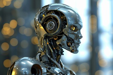 Poster - a robot with a metallic body and a head,an image of a robot made of metal with a head