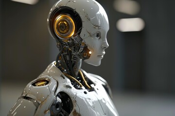Poster - a robot with a metallic body and a head,an image of a robot made of metal with a head