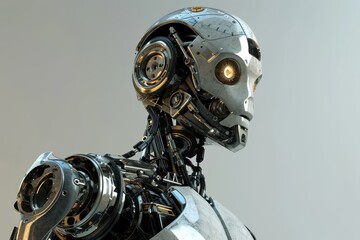 Poster - view of graphic 3d robot,an image of a robot made of metal with a head, ai generated