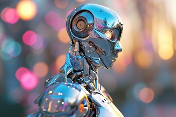 Poster - view of graphic 3d robot, a metallic robot with a sleek body and a head, ai generated
