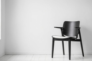 Poster - One black wooden chair in simple white room and minimalist interior