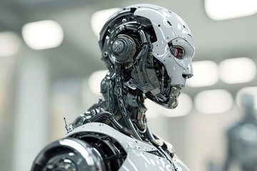Poster - view of graphic 3d robot, a metallic robot with a sleek body and a head, ai generated
