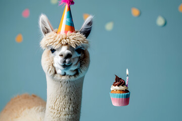 Sticker - Happy Birthday, carnival, New Year's eve, sylvester or other festive celebration, funny animals card - Alpaca with party hat and cupcake with candle isolated on blue background