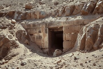 Canvas Print - Weathered entrance of an old tomb carved into a rocky desert hillside