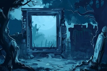 Sticker - Captivating illustration of enchanted mystical forest window view at twilight with moonlight. Mysterious ruins. Eerie vines