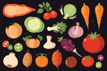 Vegetables seamless pattern of vegetables with different elements