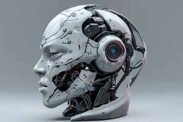 Poster - Detailed view of a futuristic robot head with intricate mechanical components