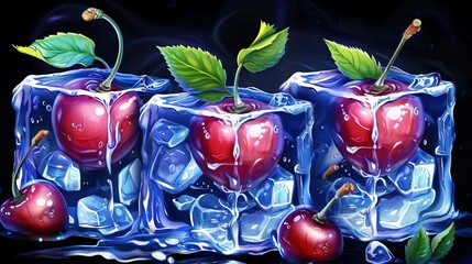 Wall Mural -   Two ice cubes with cherries and leaves
