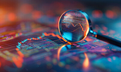 Wall Mural - magnifying glass highlighting data charts with colorful, glowing graphs and lines, symbolizing analy