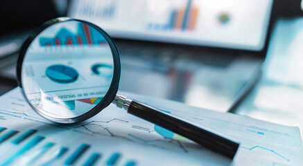 Wall Mural - magnifying glass focusing on business charts and graphs, emphasizing data analysis and financial ins