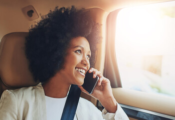 Phone call, business or black woman in car for commute, schedule meeting or communication in backseat. Service, transportation or happy entrepreneur for mobile conversation or travel in taxi vehicle