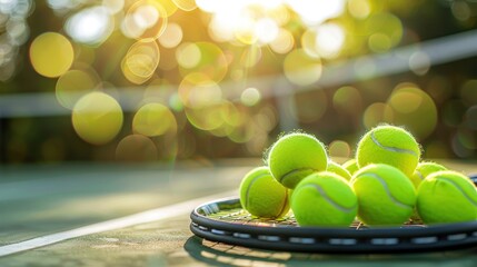 Wall Mural - Tennis ball and racket on the tennis court, close-up, outdoor sunshine blurred background, with copy space for text, sports equipment for training, fitness, exercise at games, contests, or competition