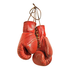 Wall Mural - Pair of old red leather boxing gloves hanging, cut out