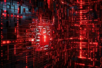 Sticker - 3d illustration of a glowing digital padlock symbolizing cybersecurity on a futuristic red data background