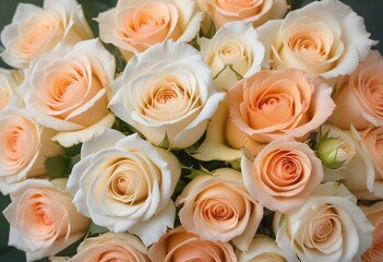 Wall Mural - A close-up view of a bouquet of beautiful white and peach roses with soft, delicate petals arranged in a lush, floral pattern, blue, pink, purple, white roses