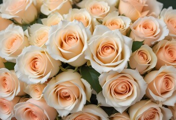 Poster - A close-up view of a bouquet of beautiful white and peach roses with soft, delicate petals arranged in a lush, floral pattern, blue, pink, purple, white roses