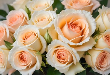 Wall Mural - A close-up view of a bouquet of beautiful white and peach roses with soft, delicate petals arranged in a lush, floral pattern, blue, pink, purple, white roses