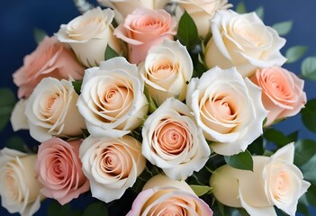 Wall Mural - A close-up view of a bouquet of beautiful white and peach roses with soft, delicate petals arranged in a lush, floral pattern, blue, pink, purple, white roses