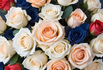 Wall Mural - A close-up view of a bouquet of beautiful white and peach roses with soft, delicate petals arranged in a lush, floral pattern, blue, pink, purple, white roses