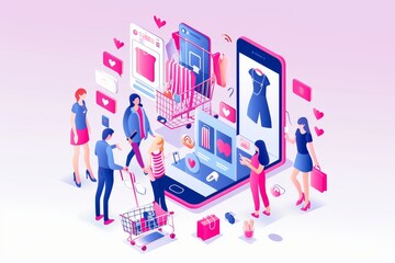 Poster - Isometric online shopping concept People with smartphones and social media icons Vector illustration Harness the power of influencer collaboration in social commerce, AI generated