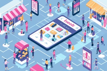 Poster - Isometric online shopping concept People with smartphones and social media icons Vector illustration Harness the power of influencer collaboration in social commerce, AI generated