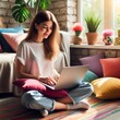 © Ayahe Stock - Woman using laptop at home sitting on the floor and smiling
