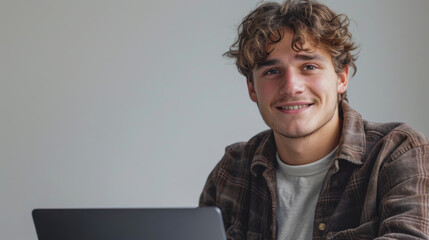 Wall Mural - Smiling man in casual clothes using a laptop against a white wall. A young man works on a laptop computer. Freelancing and technology concept.