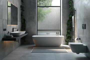 Wall Mural - Modern bathroom interior with freestanding bathtub, large window, and minimalist decor. Home renovation, luxury interiors, bathroom design inspiration, contemporary living spaces.