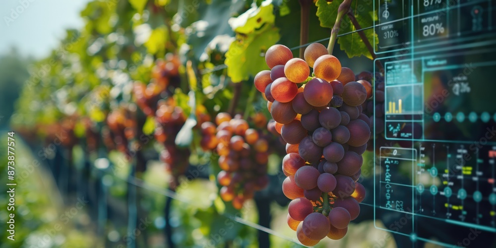 Cluster of ripe grapes in vineyard with digital agricultural analytics ...