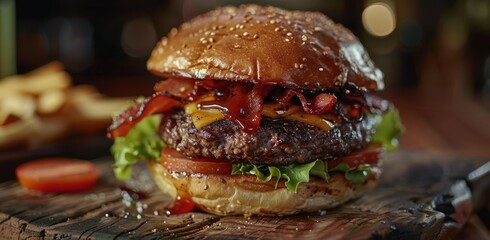 Wall Mural - Close Up of a Juicy Bacon Cheeseburger With Tomatoes and Lettuce