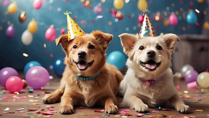 Wall Mural - Happy cute dog in party hat celebrating birthday surrounded by falling confetti
