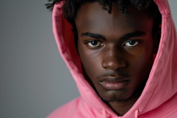 Wall Mural - Guy Hoodie. Stylish Afro-American Man in Pink Streetwear Hoodie with Hood On, Posing in Studio Isolated on Grey Background