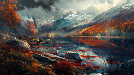 Wall Mural - A stunning autumn landscape of a rocky mountain lake, surrounded by dark, moody tones, with vibrant