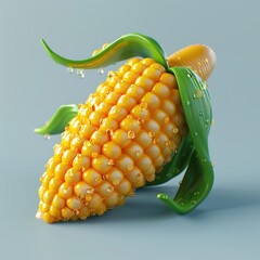 Wall Mural - Cartoon Corn. Ripe Grain in Mini 3D Rendering, Isolated and Wet, Ideal for Vegetarian and Natural Agriculture Concepts