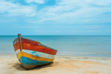 Old colorful fishing boat resting on the sandy beach with ocean in the background. Concept of coastal life and simplicity