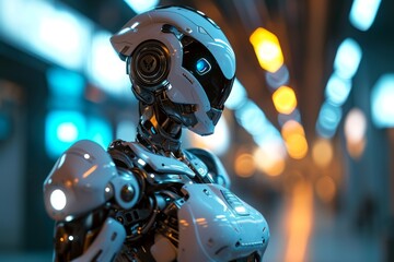 Poster - Futuristic cyborg with robotic arm stands illuminated in modern, AI generated