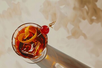 Wall Mural - Old fashioned whiskey cocktail with cherry and orange peel on sunny beige background.Top view.AI Generative.