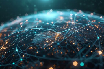 Poster - Futuristic computer network connects global communication waves, AI generated