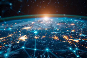 Poster - Futuristic computer network connects global communication waves, AI generated
